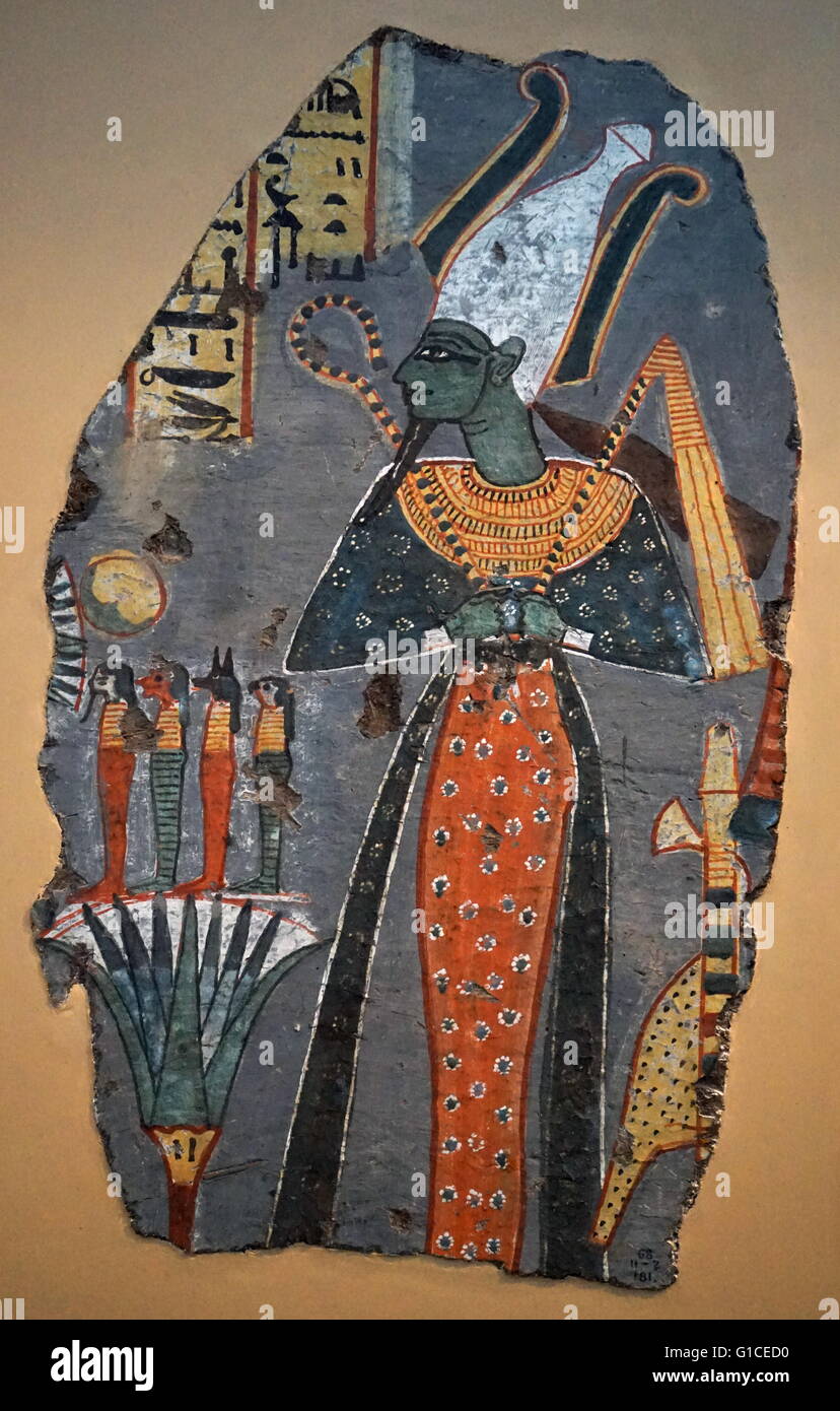 Fragment of a fresco depicting the Egyptian God Osiris, god of the afterlife, the underworld, and the dead. From the Old Kingdom Stock Photo