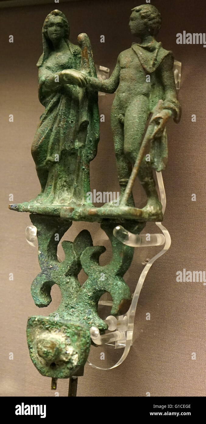 Bronze attachment showing either Hermes, leading a soul into the underworld, or Orpheus and Eurydike. Dated 200 BC Stock Photo