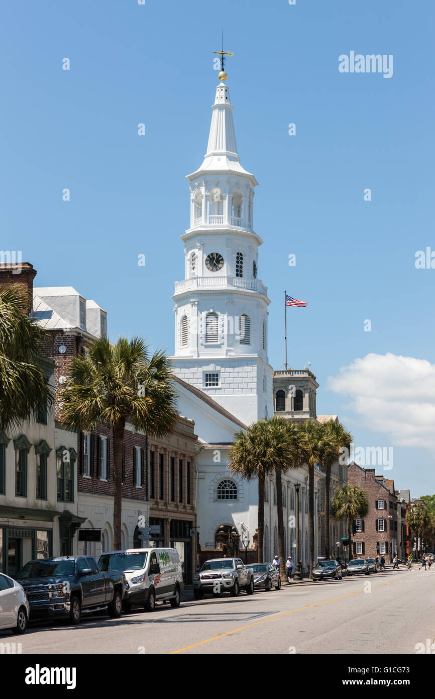 A view of Broad Street including the steeple of St. Michael's Episcopal Church in Charleston, South Carolina. Stock Photo