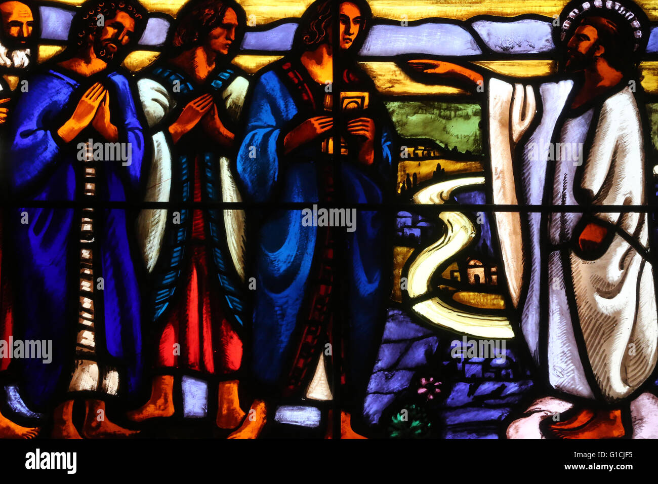 Carouge protestant temple. Stained glass window. Jesus and his apostles