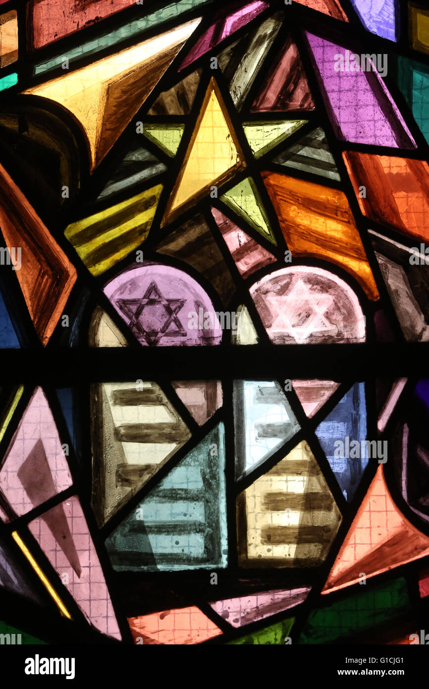 Holy Trinity Church. Geneva. Stained glass window. The Ten Commandments, also known as the Decalogue. Switzerland. Stock Photo