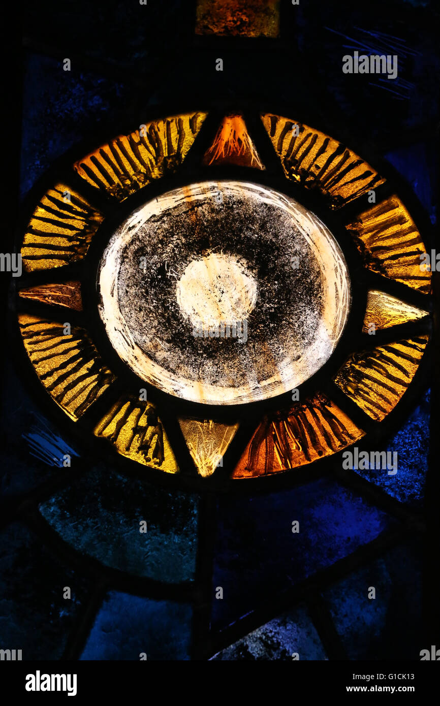 Saint-Maurice d'Agaune abbey. tained glass window. Astrological sign. The sun.  Saint-Maurice. Switzerland. Stock Photo