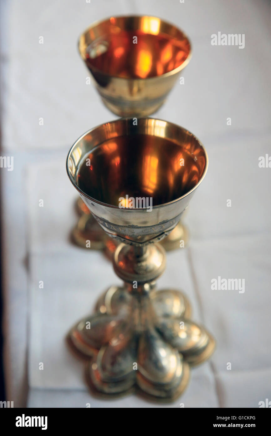 Ars-sur-Fromans. Sanctuary-Shrine of Jean-Marie Vianney (the Cure d'Ars).  Catholic mass. Chalices.  France. Stock Photo