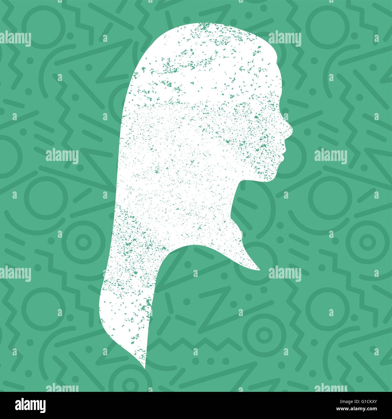 Little girl face profile silhouette with long hair in grunge texture paint over colorful green background, kid head illustration Stock Vector