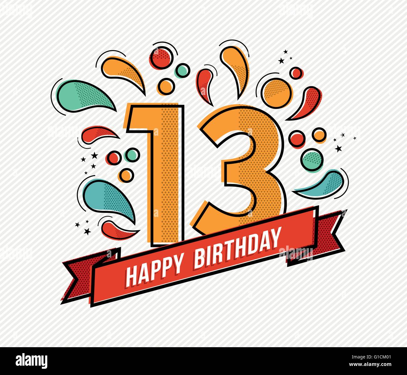 Happy birthday number 13, greeting card for thirteen year in modern flat line art with colorful geometric shapes. Stock Vector