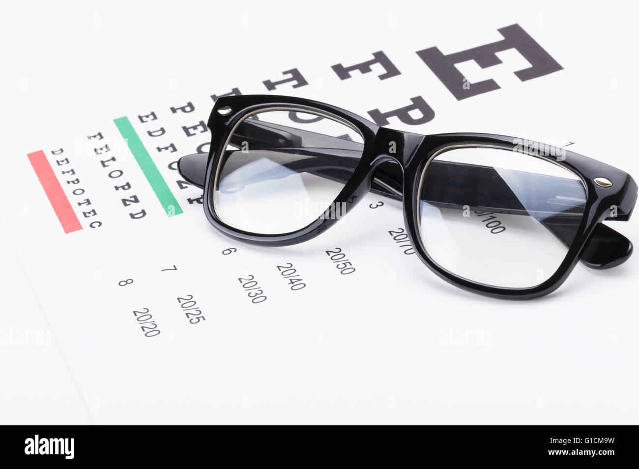 Eye Check In Table Table for eyesight test with glasses over it - close up studio shot ...