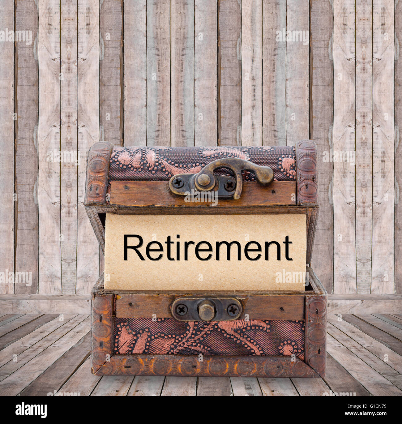 Retirement word on paper in treasure chest on wooden room. Stock Photo