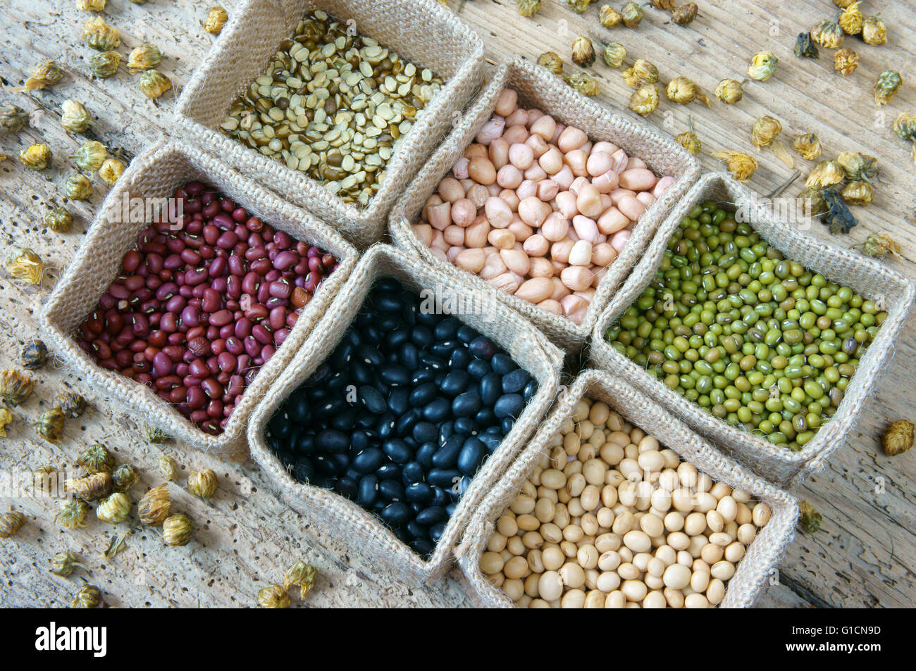 Collection of grain, green bean, red bean, soybean, black bean, cereal