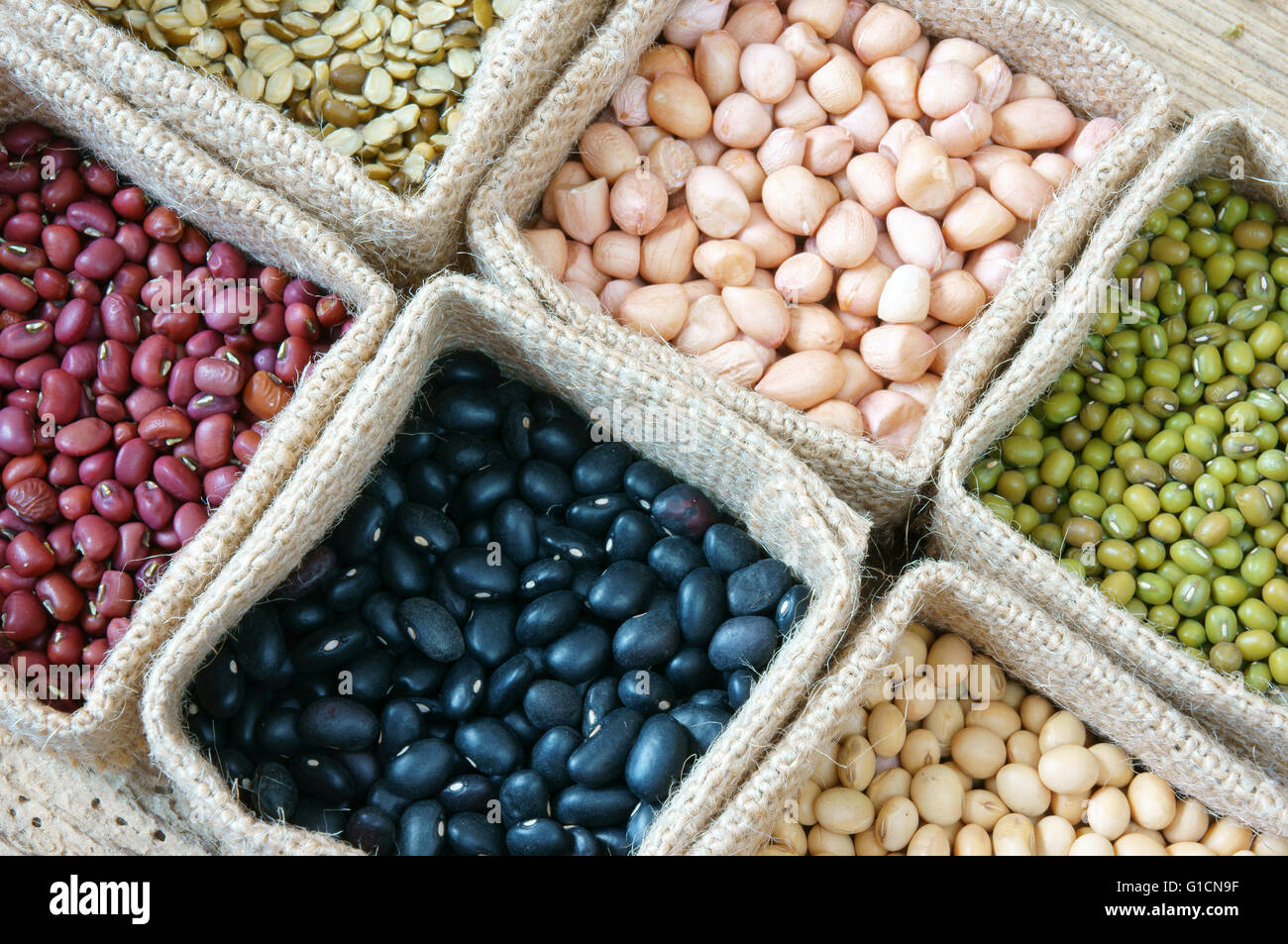Collection of grain, green bean, red bean, soybean, black bean, cereal