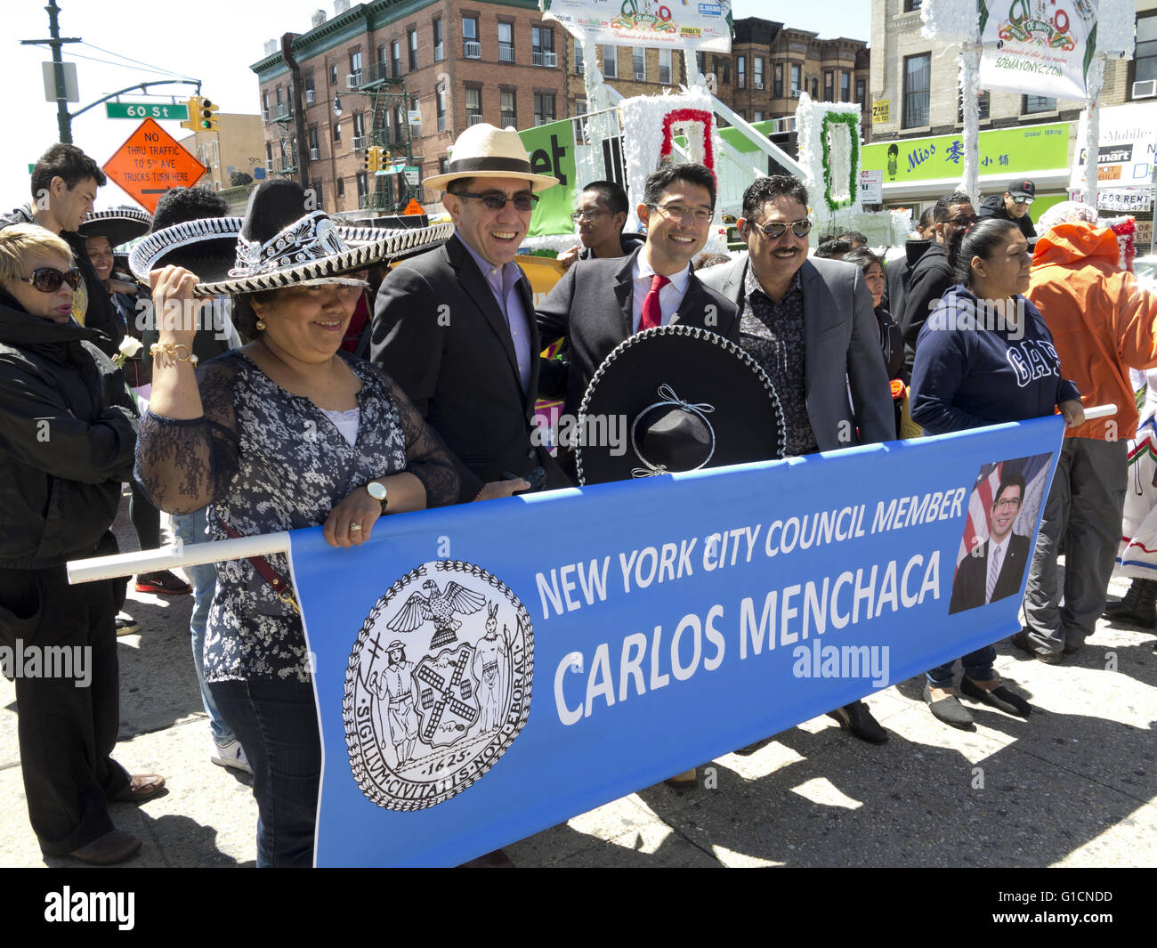 NYC Council member Carlos Menchaca leads the Cinco de Mayo and Mothers' Day Parade in Sunset Park in Brooklyn, NY, May 8, 2016. Stock Photo