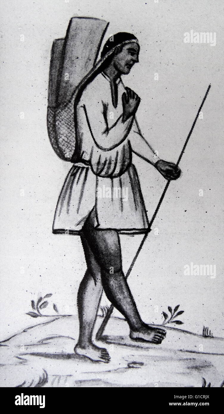 17th century Spanish colonial illustration of a Peruvian native carrying a load on his back Stock Photo