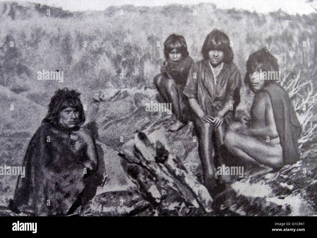 Native Indians from Tierra del Fuego; 1920. Tierra del Fuego is an archipelago off the southernmost tip of the South American mainland; Stock Photo
