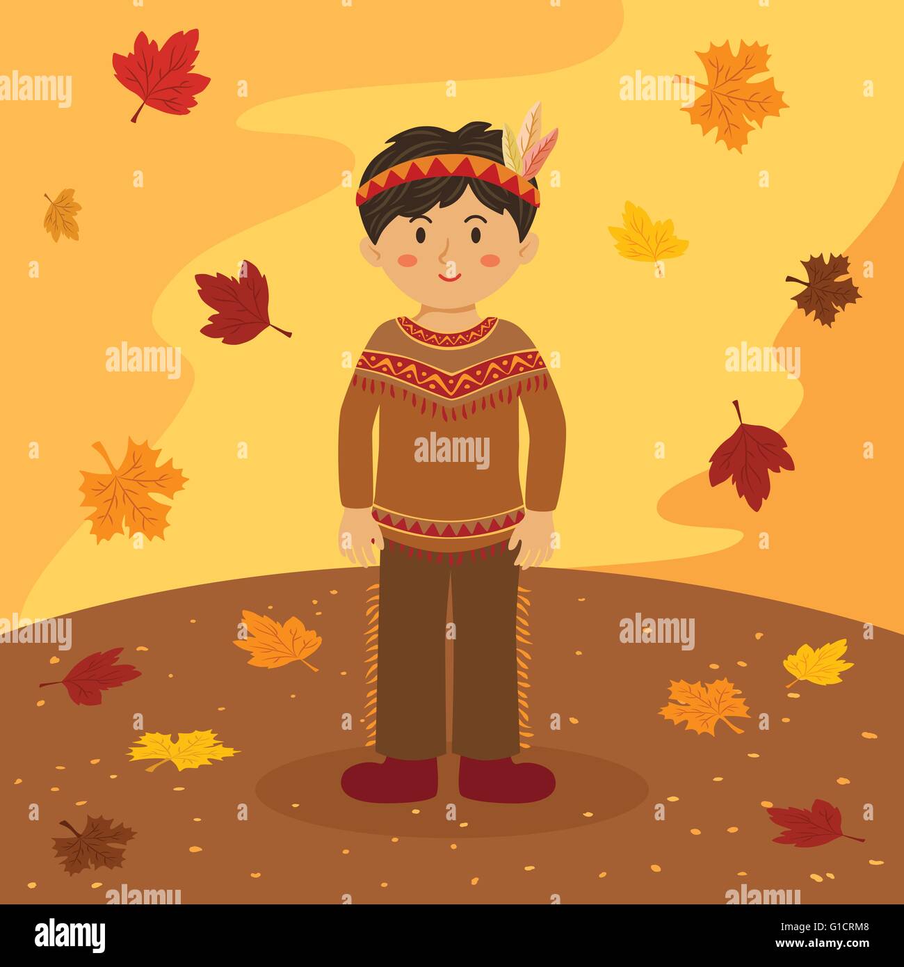 Thanksgiving Indian Boy Illustration Of Greeting Card With A Native American In Autumn Background