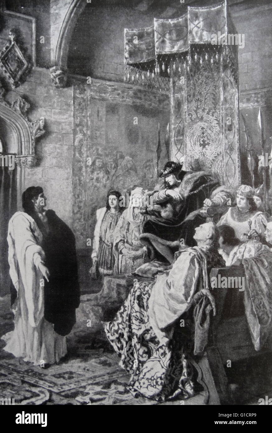 Painting depicting King Ferdinand I of Aragon paying the rights of vectigal meat by Ramon Tusquets (1837-1904) Spanish painter. Dated 1885 Stock Photo