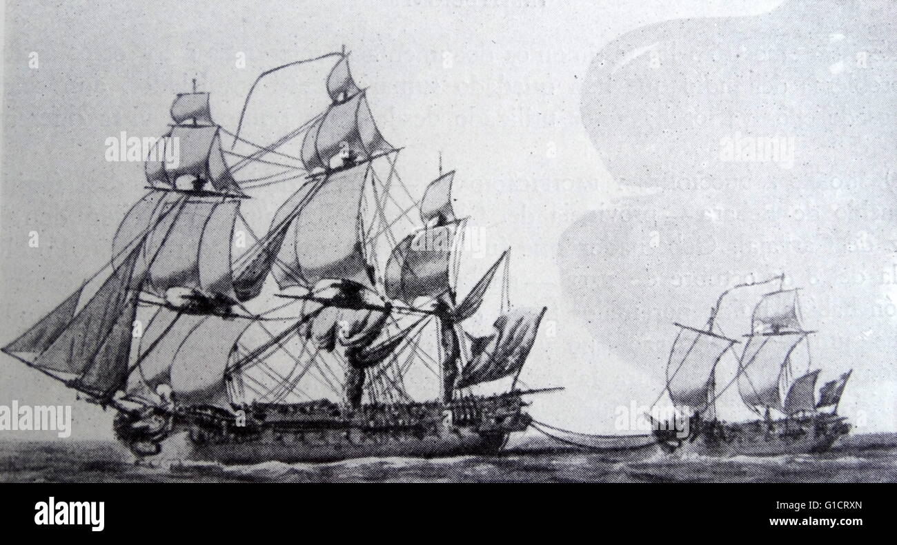 18th century Spanish warship with smaller vessel in tow 1790 Stock Photo