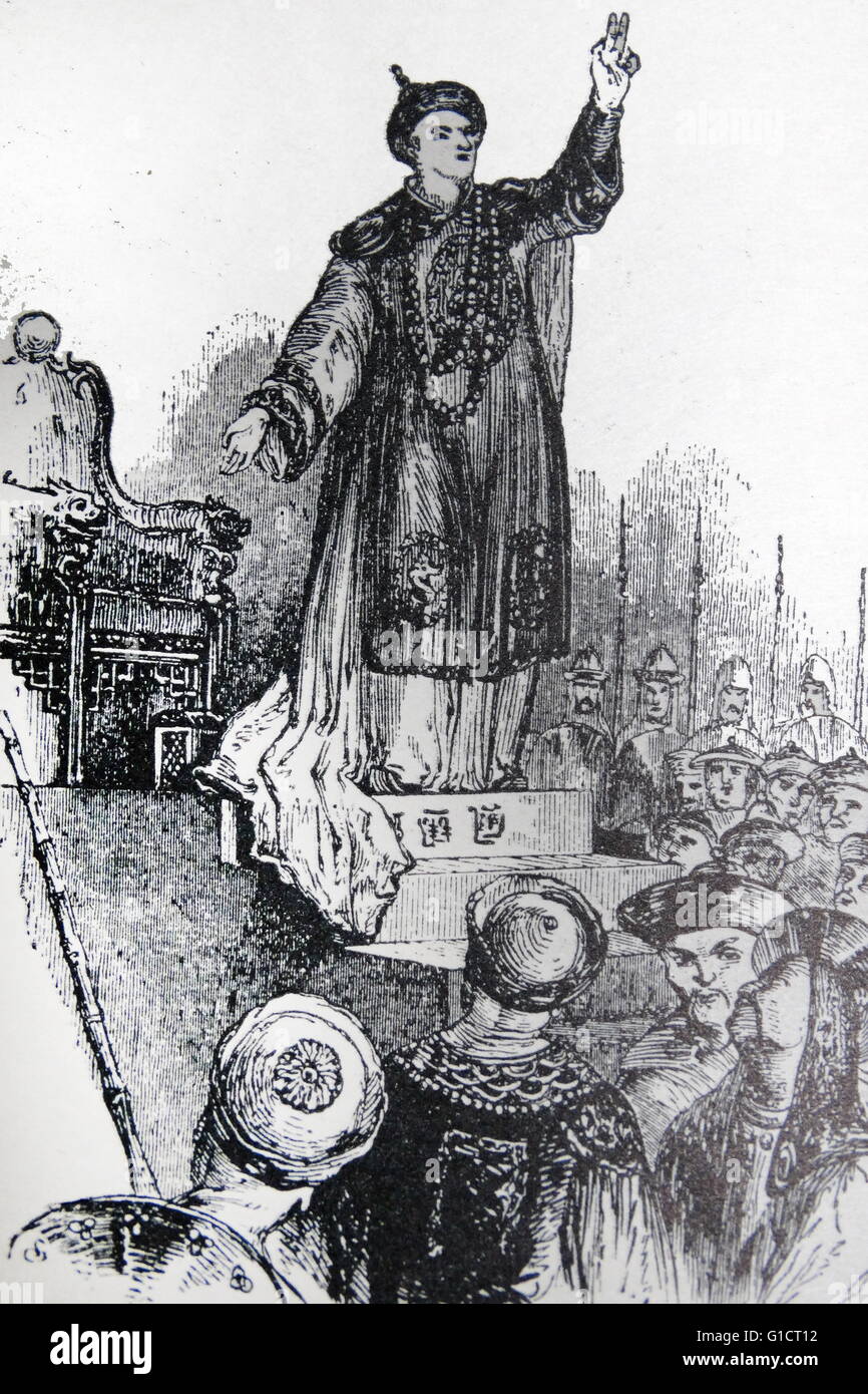 Illustration depicting Qianlong Emperor (1711-1799) vowing to his people to resign the crown. Dated 18th Century Stock Photo
