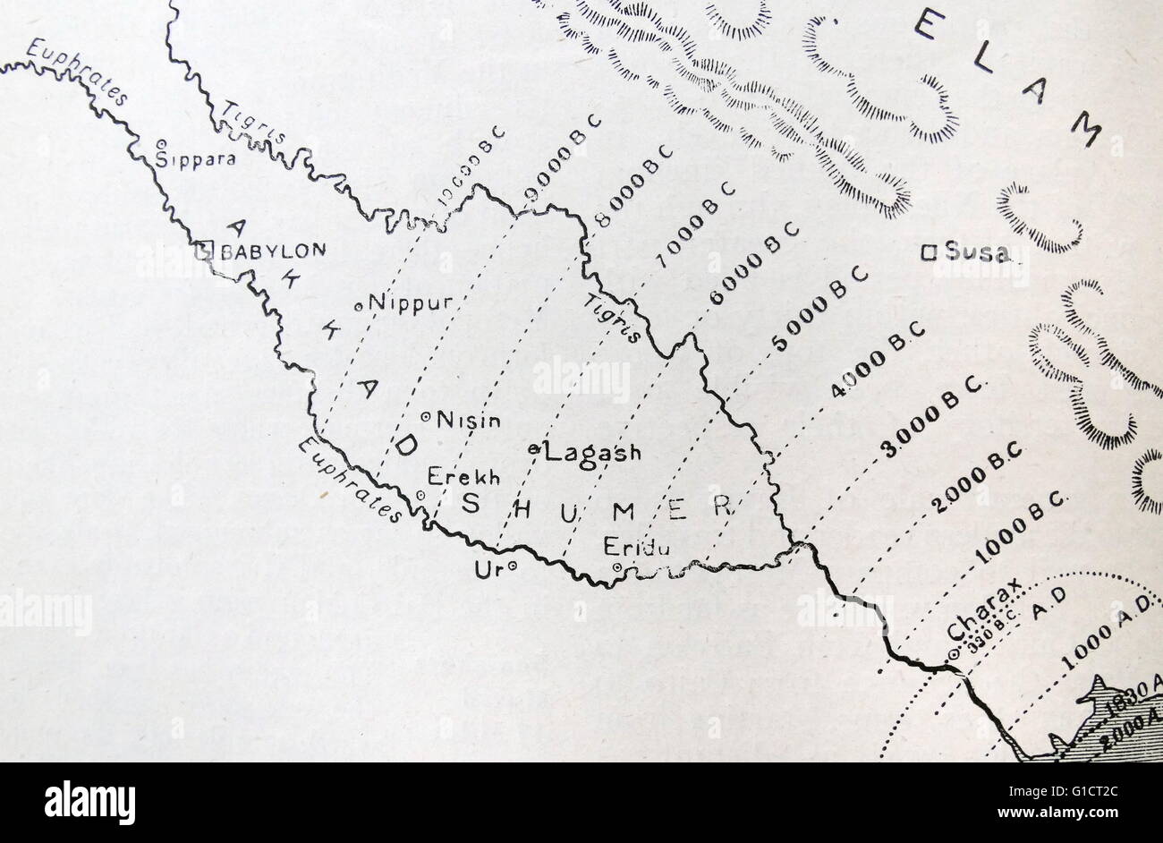 Map of Babylonia and it's extent at different periods in history. Dated 19th Century Stock Photo