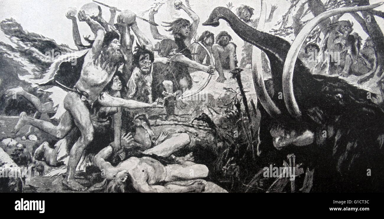 The Slaughter of the Mammoth by Viktor Vasnetsov (1848-1926) a Russian artist who specialized in mythological and historical subjects. Dated 20th Century Stock Photo