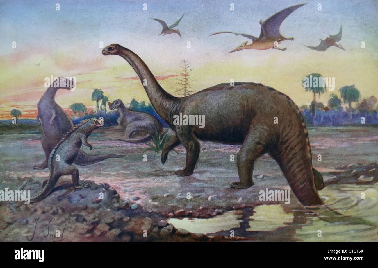 Painting depicting gigantic reptiles during the Saurian Age Stock Photo