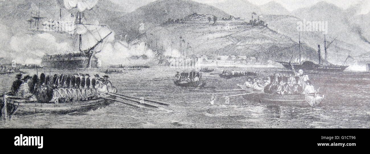 The first capture of Chusan by British forces in China occurred on 5–6 July 1840 during the First Opium War. The British captured Chusan; the largest island of an archipelago of that name. Stock Photo