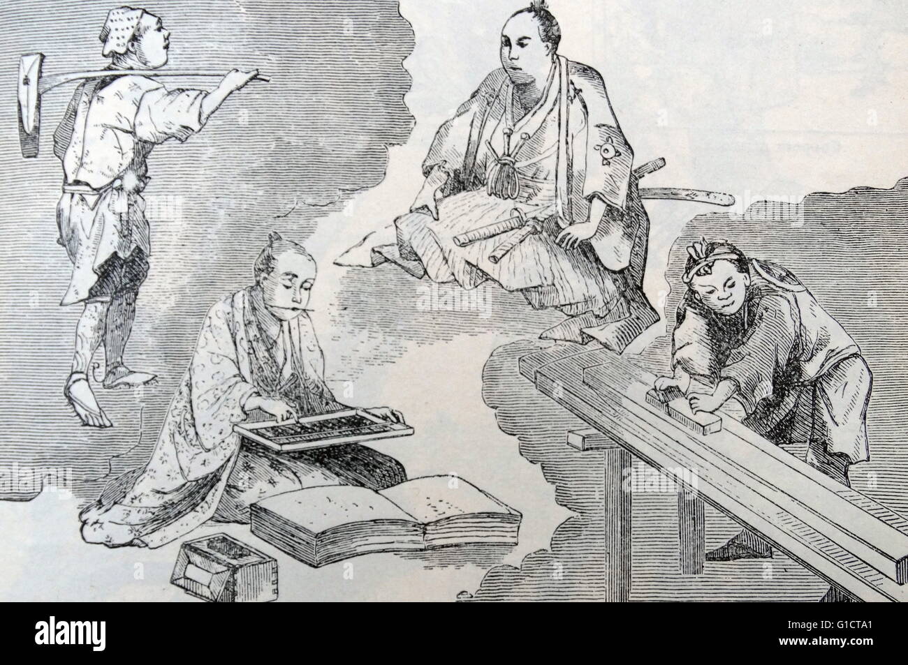 Illustration from 1870 showing class divisions in imperial Japan. The seated noble or Shi; The figure carrying a farming implement represents the agricultural class (No); The third class is represented by a skilled artisan or Ko; seen planning wood. The lowest class were the traders or merchants (Sho) seen here as a man using an abacus. Stock Photo