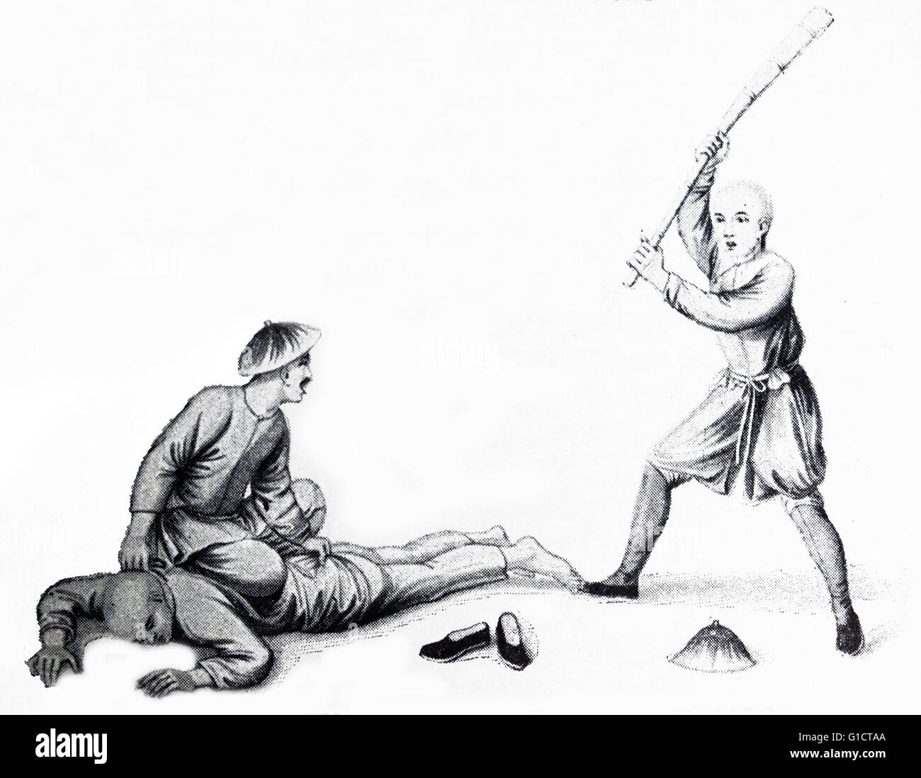 illustration depicting the punishment of the bamboo. Stock Photo