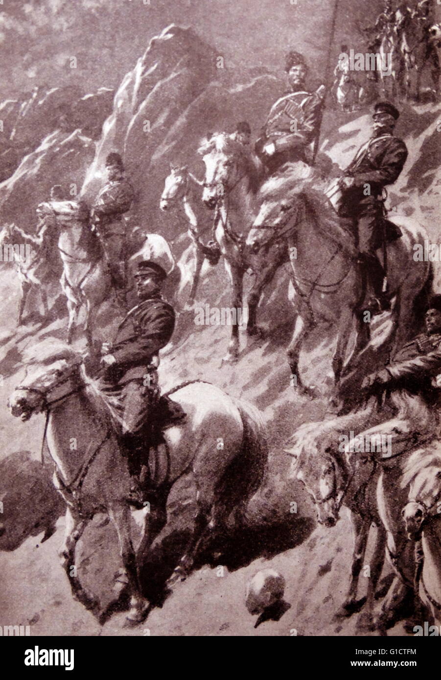 Cossack soldiers in horseback; Russia 1900 Stock Photo