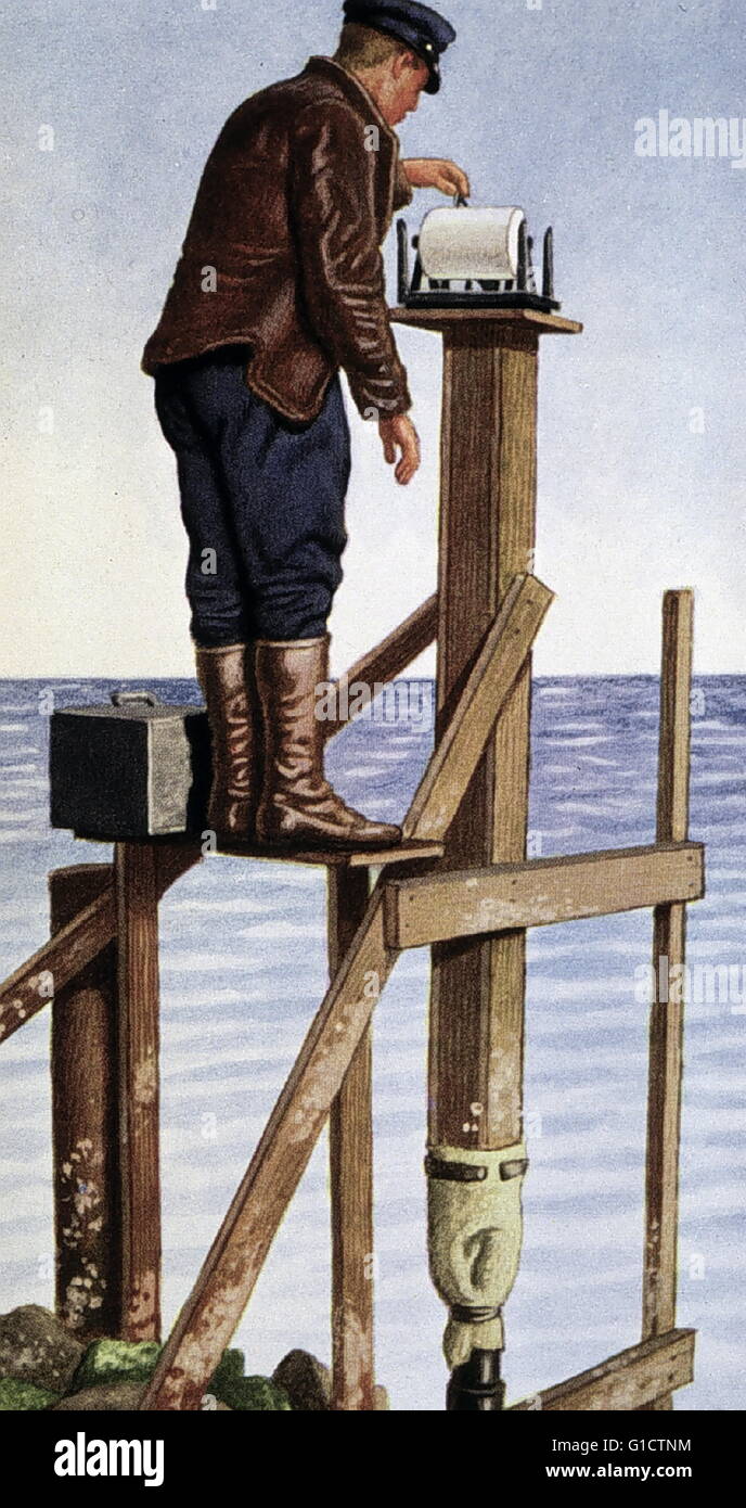 Marine research scientist taking readings. 1925 Illustration in children's book Stock Photo