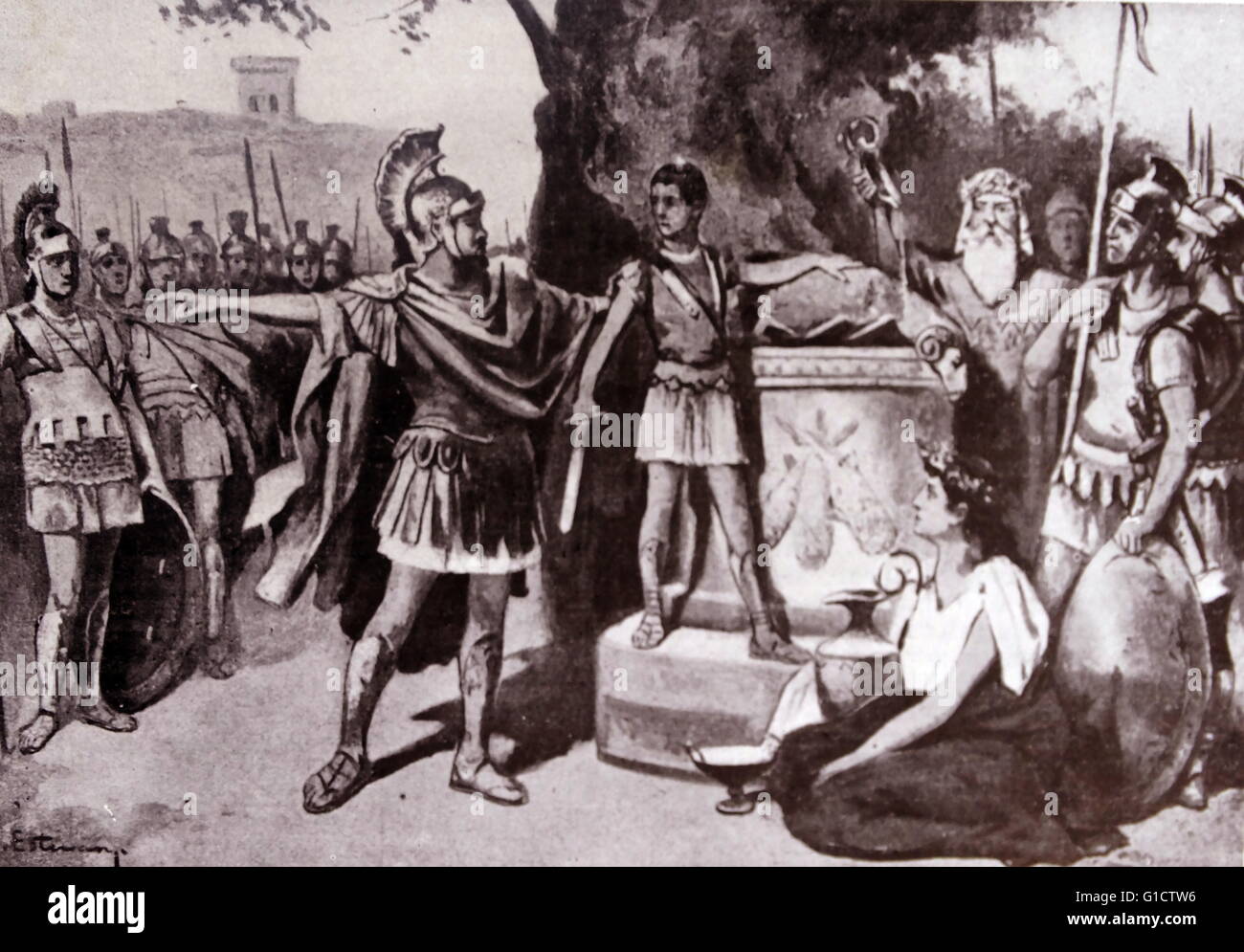 Hannibal (247 – 183BC); Punic Carthaginian military commander; considered one of the greatest military commanders in history. Seen here as a boy begging his father to take him to an overseas war. In the story; Hannibal's father took him up and brought him to a sacrificial chamber. Hamilcar held Hannibal over the fire roaring in the chamber and made him swear that he would never be a friend of Rome. Stock Photo