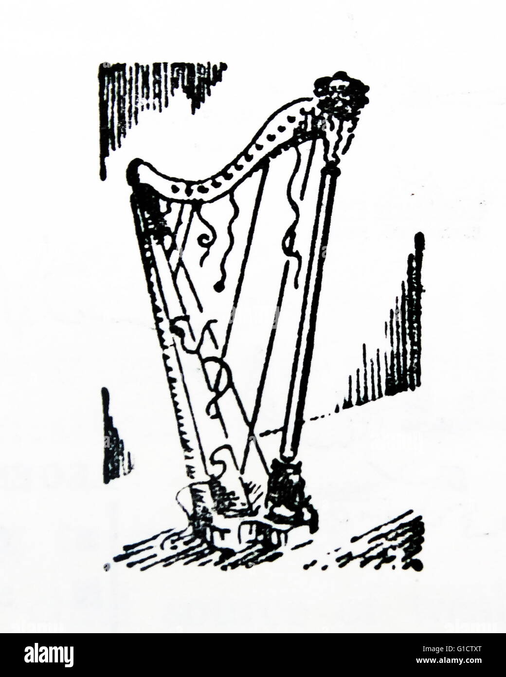 1916 illustration of the broken harp representing Ireland during the failed 1916 Easter Rising. The Celtic harp is traditional to Brittany; Ireland; Scotland and Wales Stock Photo