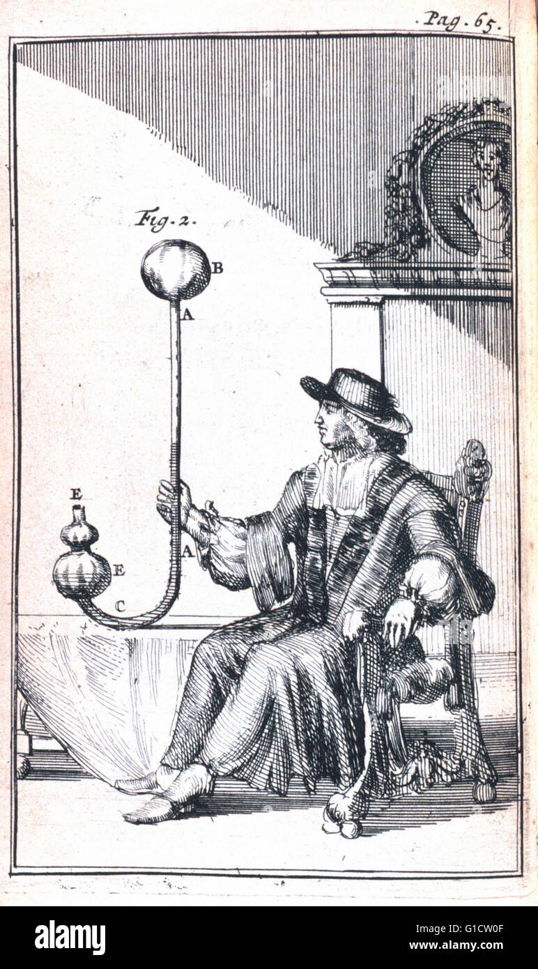 Experiments with a thermometer. Figure 1 from 'Traittez de barometres, thermometres, et notiometres, ou hygrometres' by Joachim d'Alence, d. 1707. Published in 1688. Stock Photo