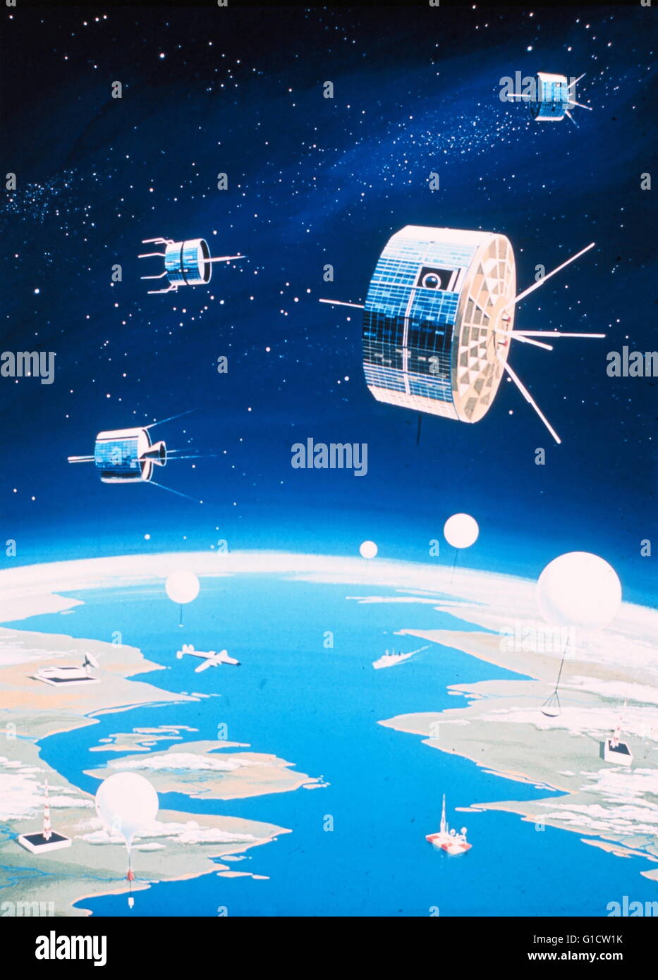 An artist's conception of a fully integrated environmental monitoring system including satellites, balloons, ships, aircraft, buoys, and data reception and processing facilities. Stock Photo