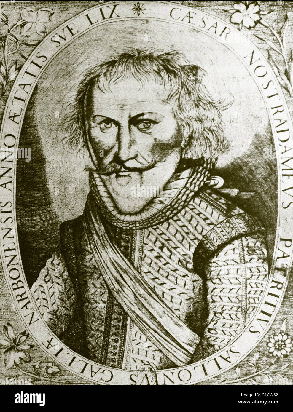 Engraved portrait of Michel de Nostredame (1503-1566) a French apothecary and reputed seer, during the 16th Century Stock Photo