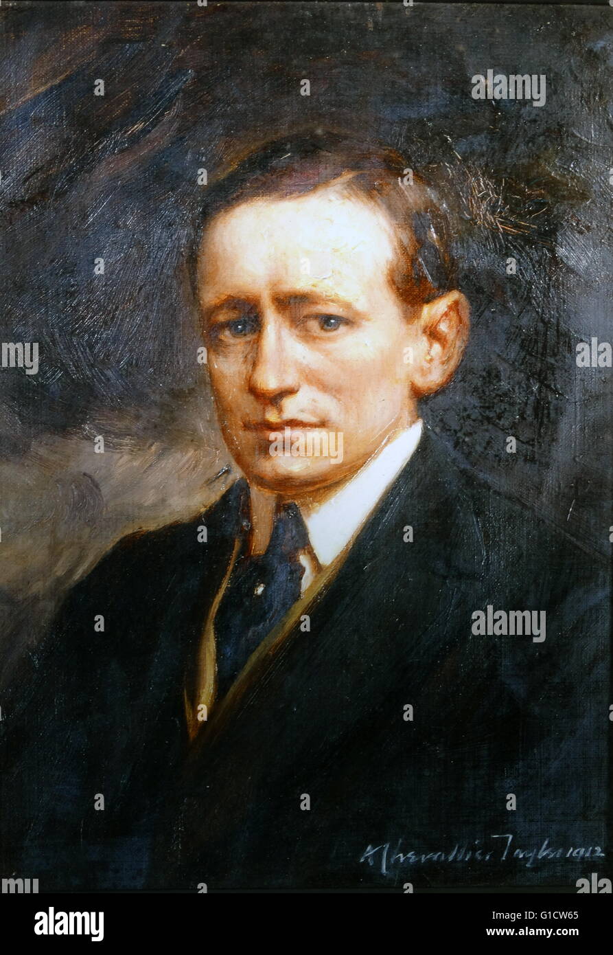Coloured portrait of Guglielmo Marconi, 1st Marquis of Marconi (1874-1937) an Italian inventor and electrical engineer, best known for his pioneering work on long-distance radio transmission and Marconi's law. Dated 20th Century Stock Photo