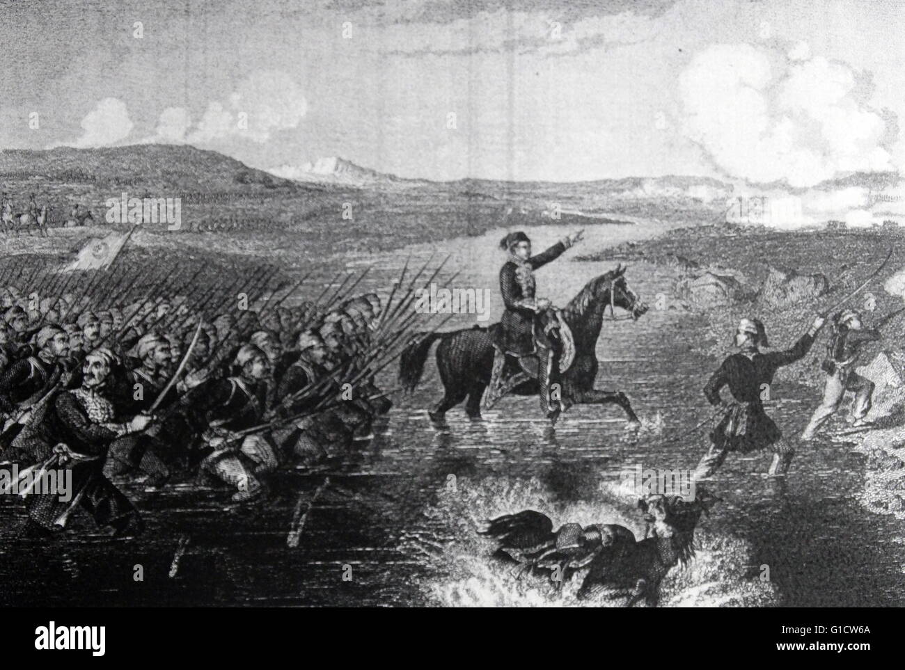 Engraving depicting Omar Pasha Latas (1806-1871) an Ottoman general and governor, leading his troops across the Ingour during the Crimean War. Dated 1855 Stock Photo