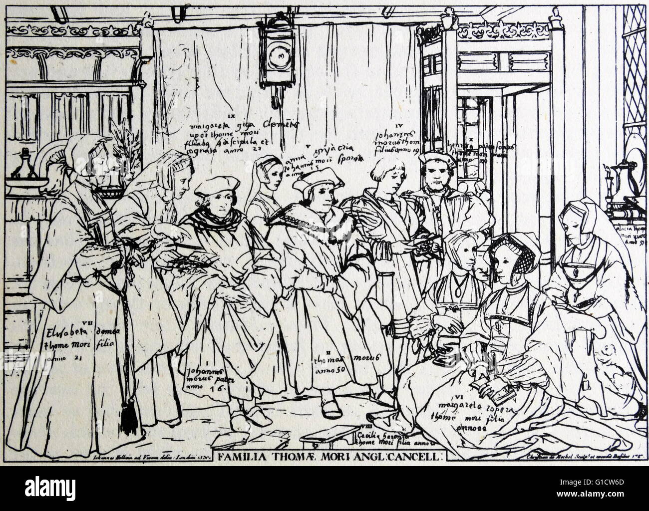Engraving depicting the noble family of Sir Thomas More (1478-1535) an English lawyer, social philosopher, author, statesman and noted Renaissance humanist. Dated 16th Century Stock Photo