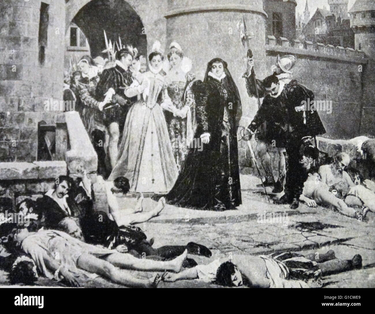 Painting depicting Catherine de Medici (1519-1589) viewing the aftermath of the St. Bartholomew's Day massacre. The massacre was a targeted group of assassinations and a wave of Catholic mob violence, directed against the Huguenots during the French Wars of Religion. Dated 16th Century Stock Photo