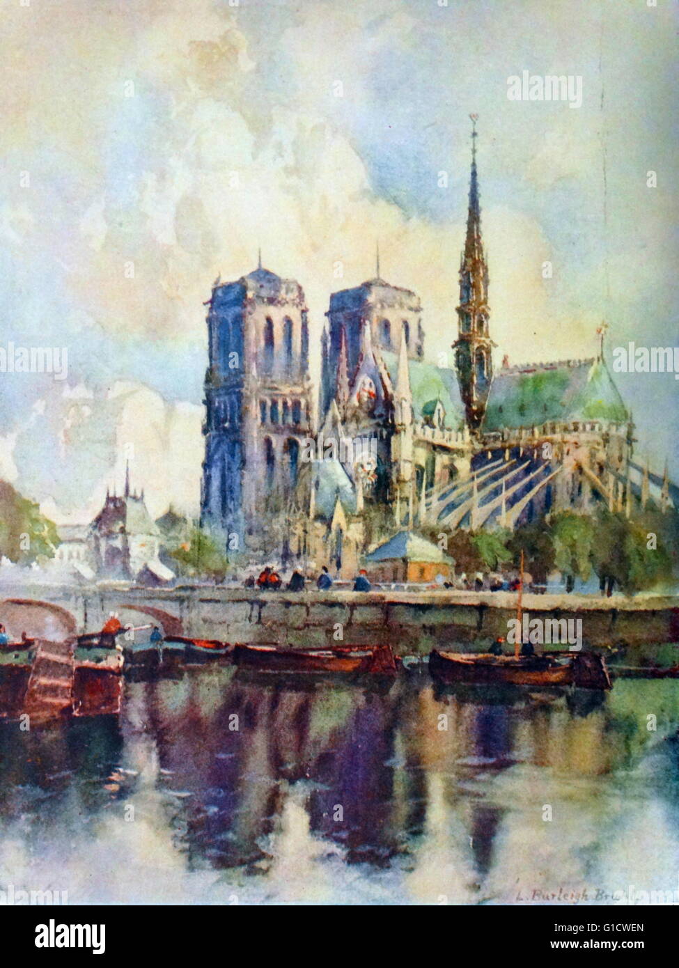 Painting of The Cathedral of Notre-Dame, a historic Catholic cathedral on the eastern half of the Île de la Cité in the fourth arrondissement of Paris, France. Painted by Louis Burleigh Bruhl (1861-1942) Dated 20th Century Stock Photo