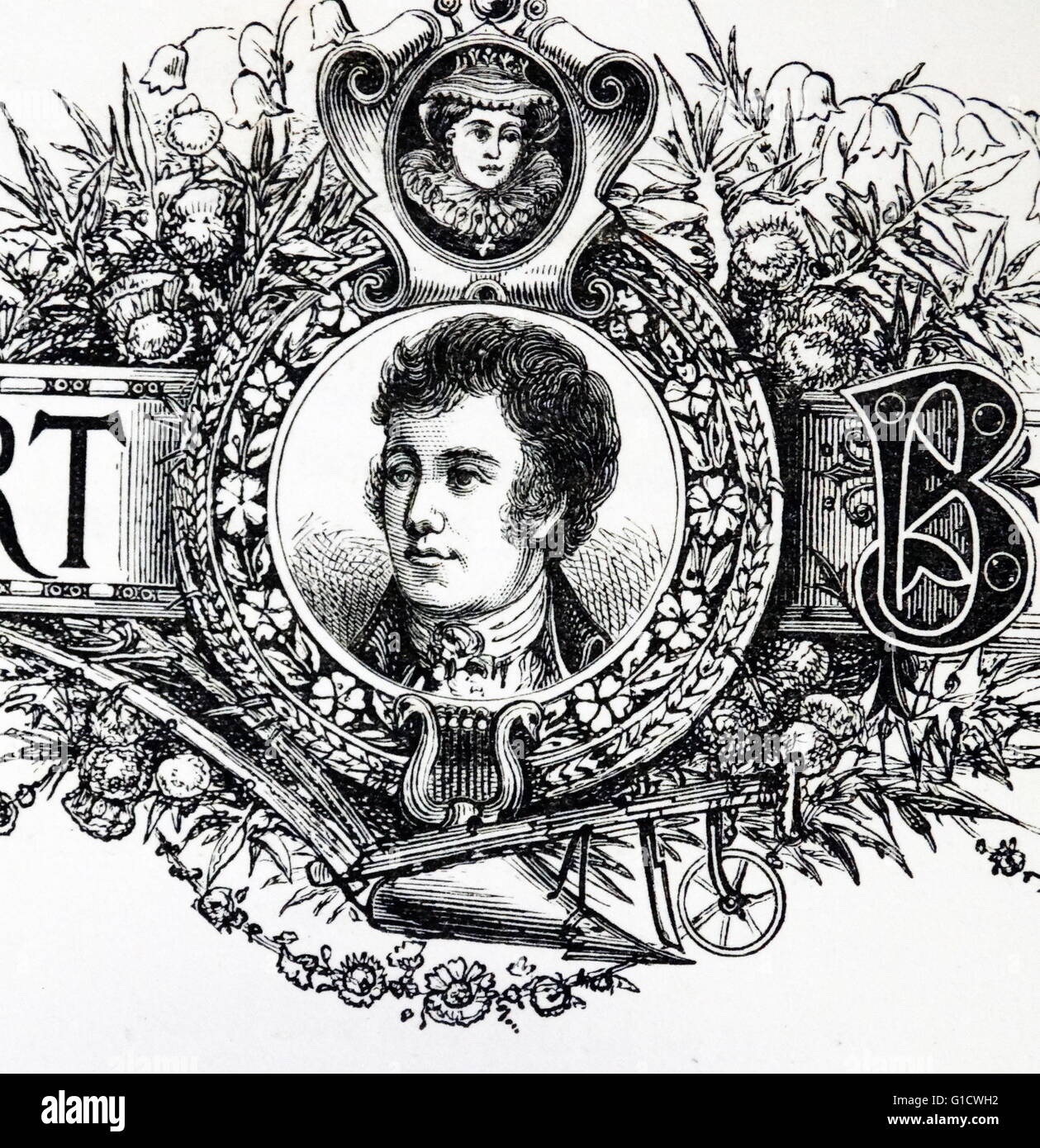 Engraved portrait of Robert Burns (1759-1796) a Scottish poet and lyricist. Dated 18th Century Stock Photo