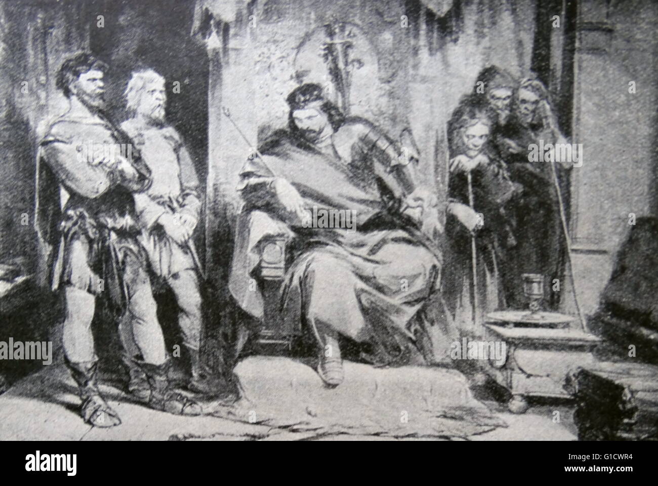 Engraving depicting Macbeth instructing the murderers, from William Shakespeare's play Macbeth. Dated 18th Century Stock Photo