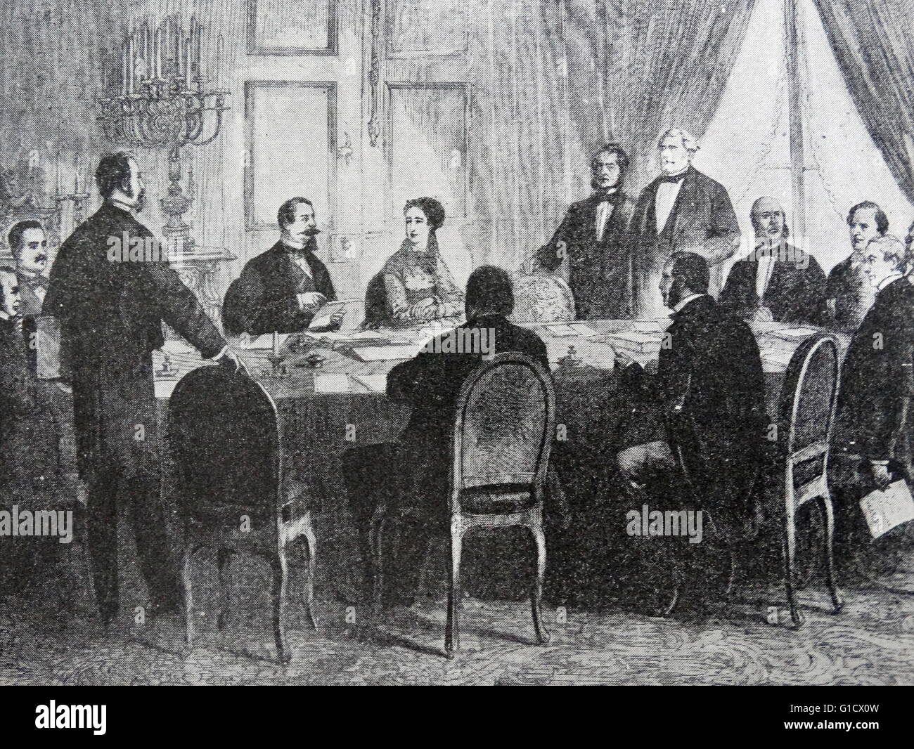 Louis-Napoléon Bonaparte (1808-1873) presiding over a council of ministers at the Tuileries. Dated 19th Century Stock Photo