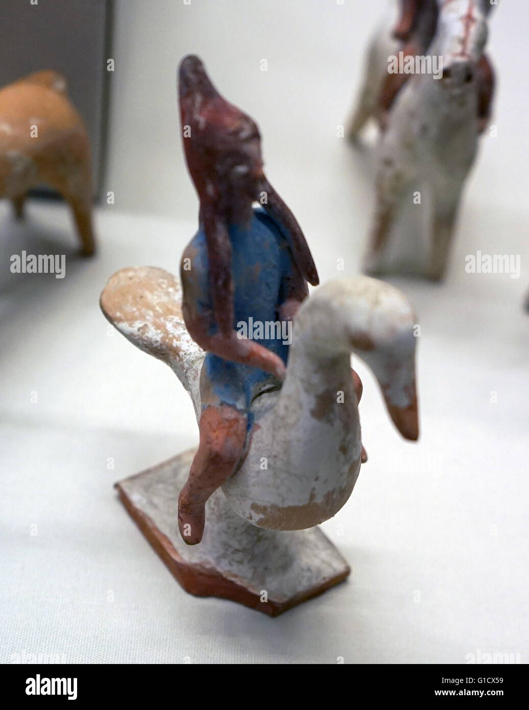Terracotta figure of a man riding a goose, made in Boeotia. Dated 5th Century BC Stock Photo