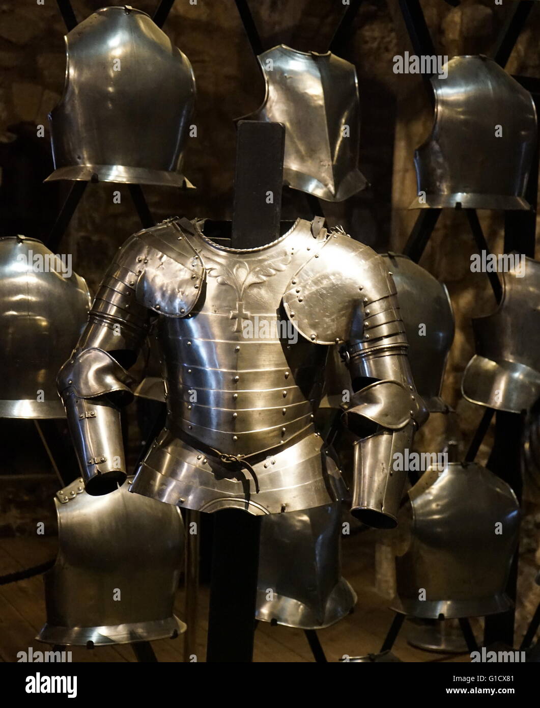 Example of Munition Armours, refers to any mass-produced armour, historically stockpiled in armouries to equip both foot soldiers and mounted cuirassiers. Dated 17th Century Stock Photo