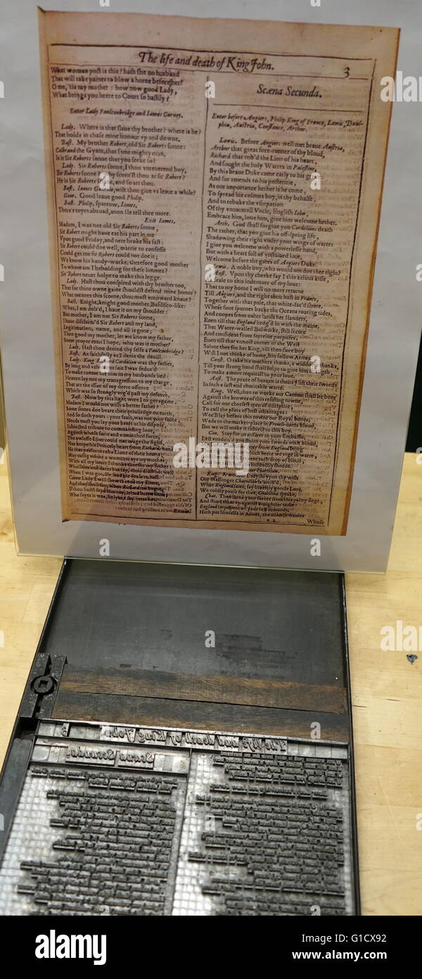 Metal plate with letters set to print a page from a reconstruction of a 16th Century printing Stock Photo Alamy