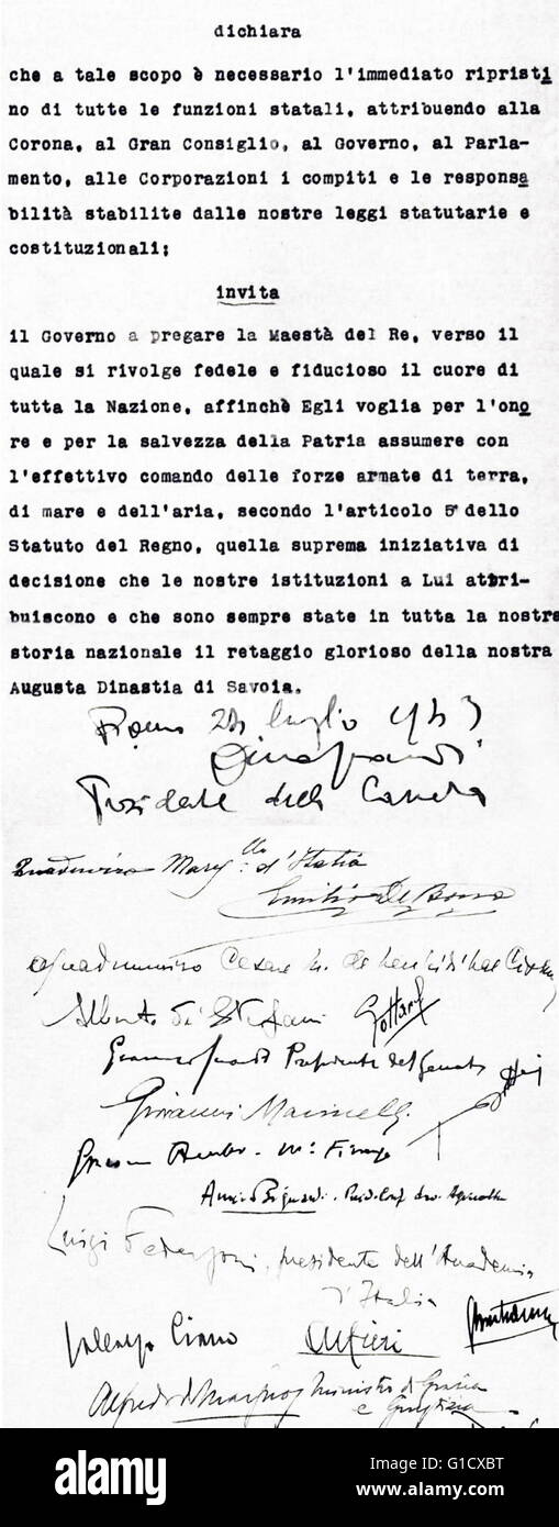 Fascist grand Council resolution against Benito Mussolini. Dated 20th Century Stock Photo