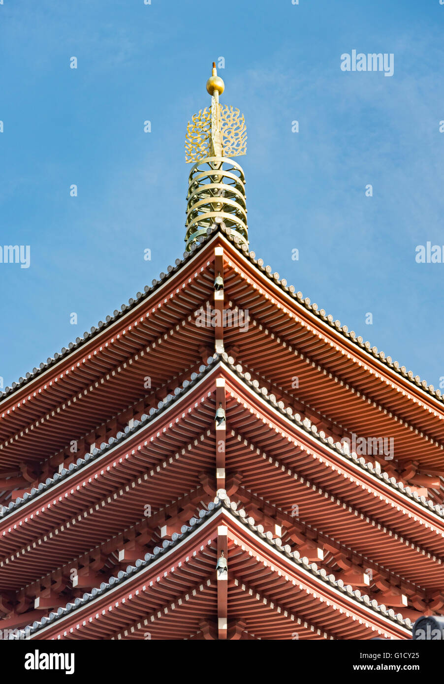 Low-angle view of roof of Five-storey Pagoda, Senso-ji Temple in Asakusa, Tokyo, Japan Stock Photo