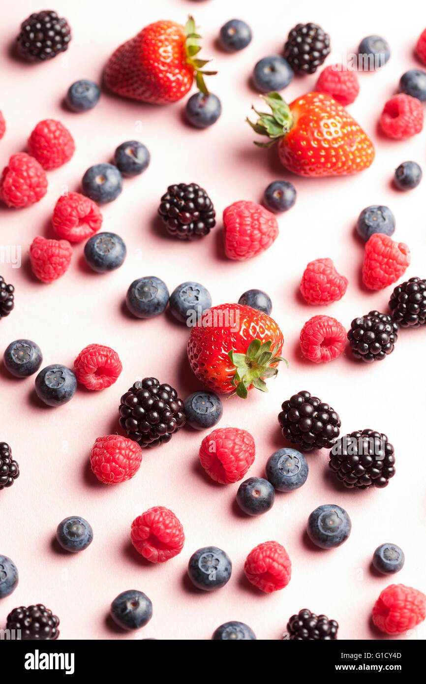 Mixed berries consisting of strawberries, blackberries, raspberries, blueberries Stock Photo