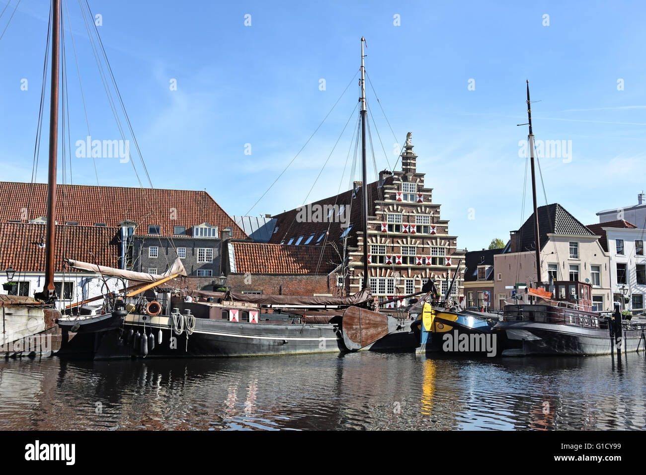 Stadstimmerwerf Old Port Harbor Leiden Netherlands Holland New Rhine Galgewater  Nieuwe Rijn Stock Photo