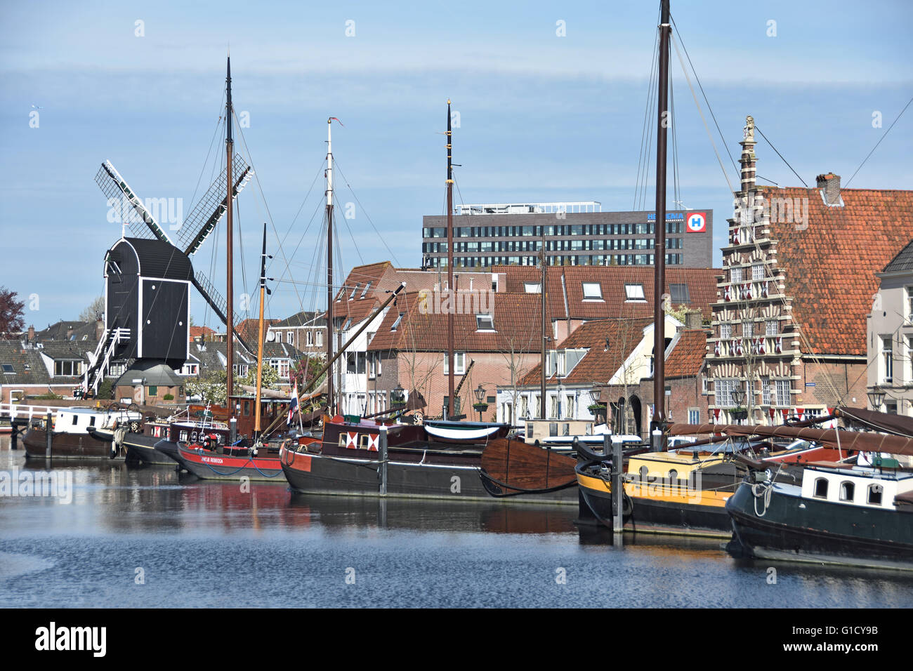 Windmill the Put Old Port Harbor Leiden Netherlands Holland New Rhine Galgewater  Nieuwe Rijn Stock Photo