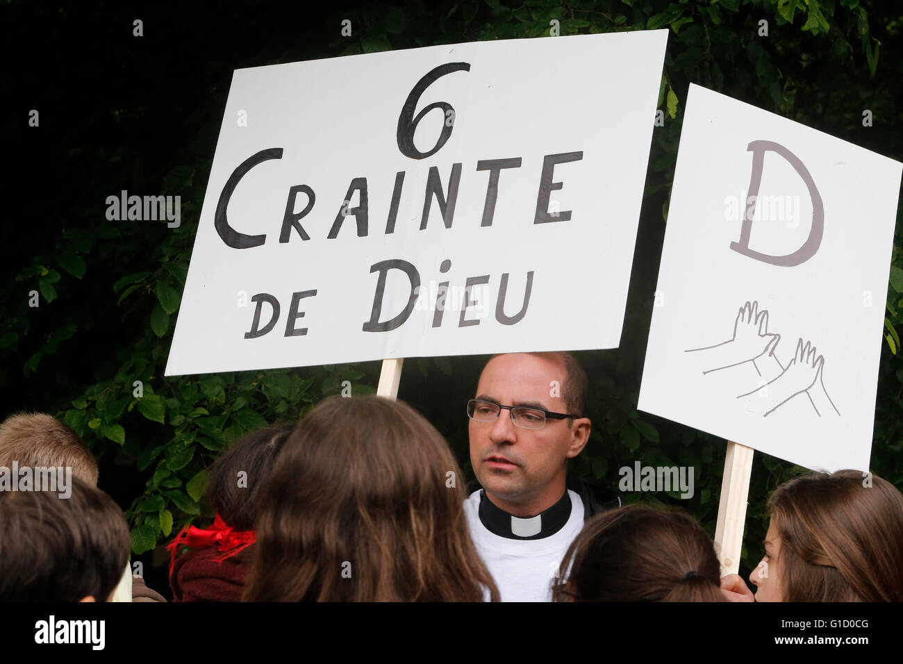 FRAT catholic youth camp. Jambville. France. Fear of God placard. Stock Photo